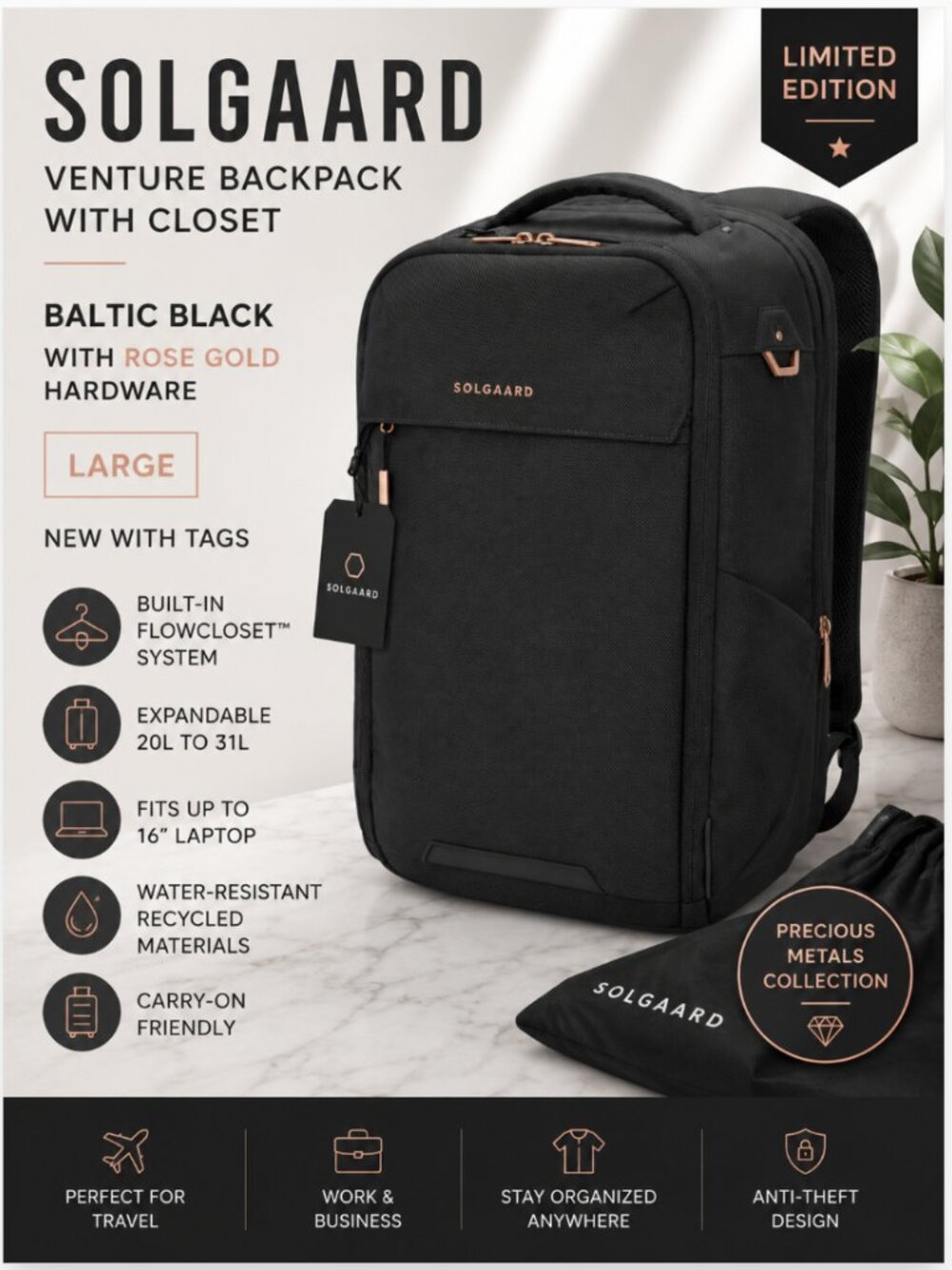 RARE Solgaard Venture Backpack w/ Closet Baltic Black Rose Gold Large NWT